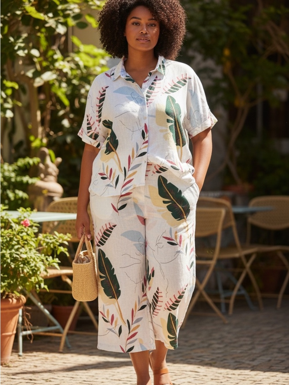 Cynthia Rowley Linen Tropical Print Two-Piece Set Large Pants XL top